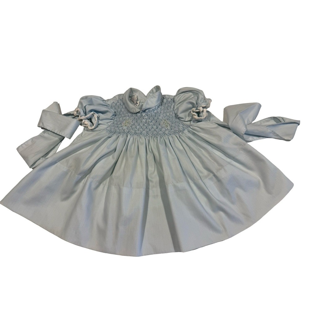 Polly Finders Hand Smocked Blue Dress Size 12 Months Vintage